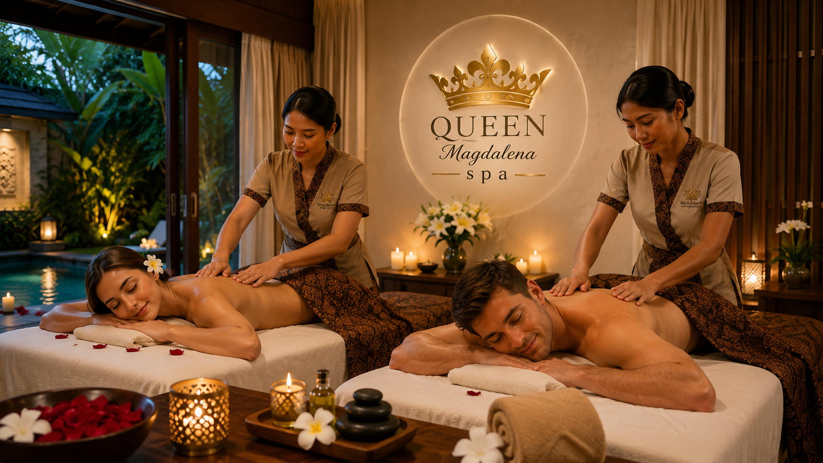 Couple Mobile Massage Bali with two therapists providing relaxing treatments to a couple in a private villa spa setting