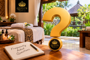 Frequently Asked Questions about Bali Home Massage & Spa with a 3D gold question mark and Queen Magdalena Spa logo in a Balinese villa setting