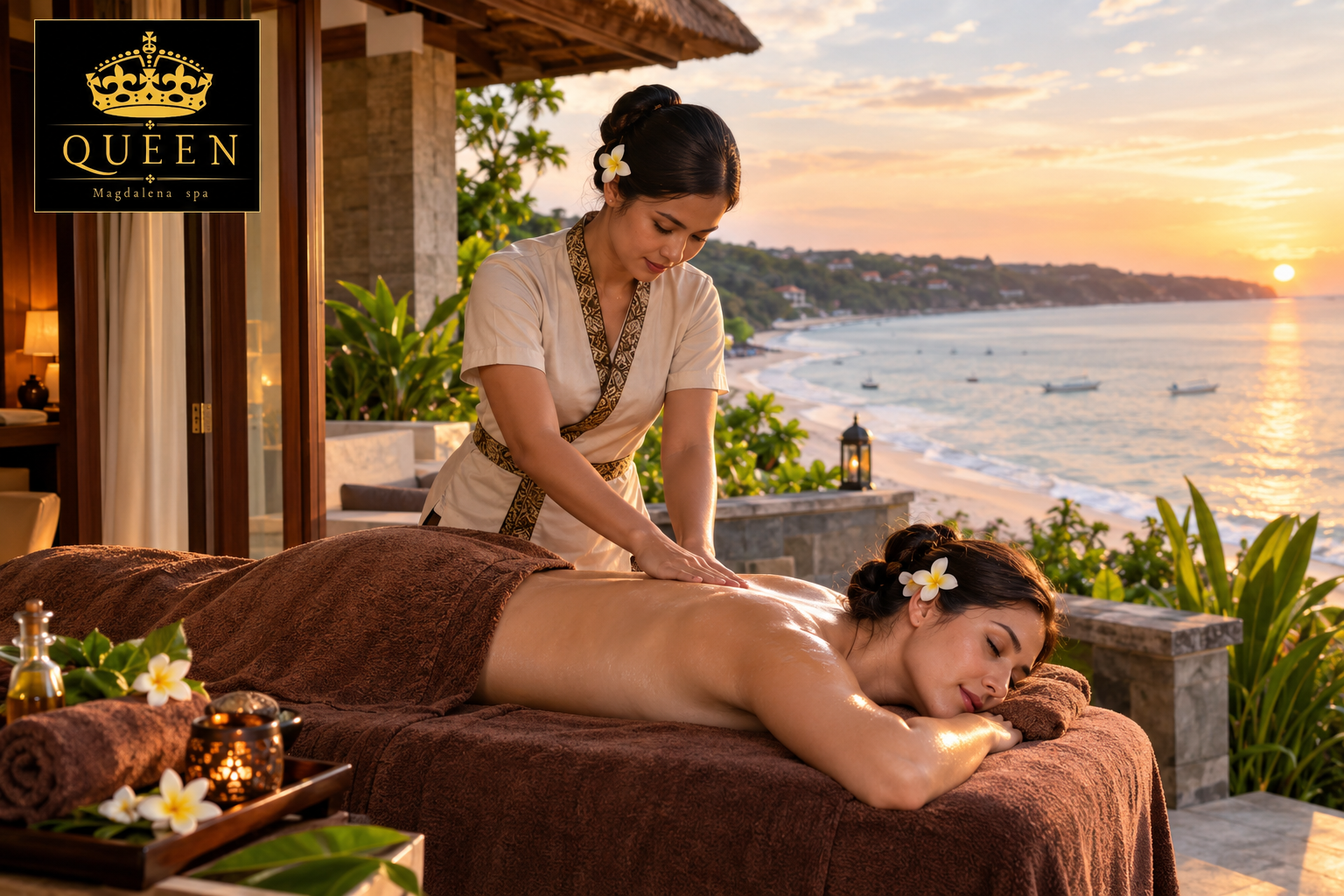 Home Massage & Spa Jimbaran with a professional therapist providing a relaxing treatment in a luxury tropical villa overlooking Jimbaran Beach