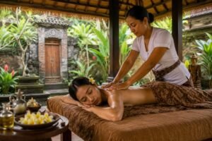 Massage Spa Bali for Business Travelers enjoying a relaxing in villa massage treatment